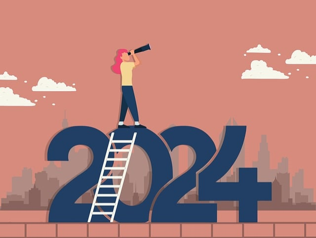 large numbers - 2024 - with a ladder leaning against the zero and a person looking out into the distance through a telescope