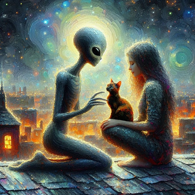 tall alien kneeling beside young girl holding an orange cat. The backdrip is the night sky.
